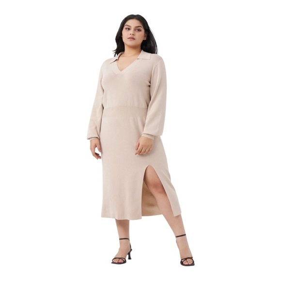 Cider Khaki Curve Collar Split Solid Knit High Slit Dress Curve Plus Size 2X NEW - Picture 1 of 13